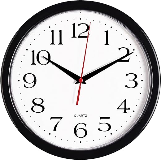 Bernhard Products Black Wall Clock Silent Non Ticking 10 Inch Quality Quartz Battery Operated Round Easy to Read Home/Office/Kitchen/Classroom/School Clock Sweep Movement