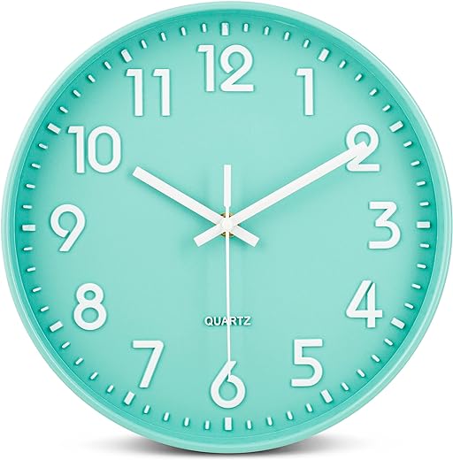 Bernhard Products Seafoam Green Wall Clock 10 Inch, Silent Non-Ticking, Quality Quartz 3D Numbers Battery Operated Round Pretty Clock for Kitchen/Office/Kids Bedroom/Baby Nursery Room