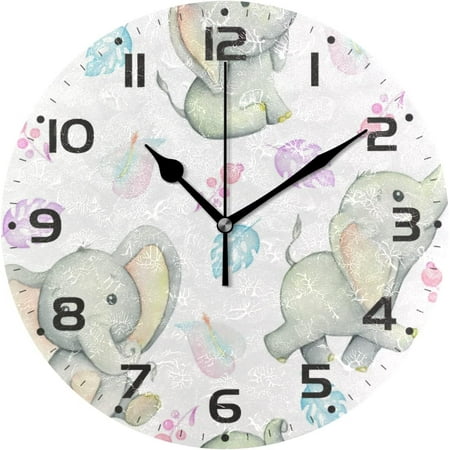 Bestwell Cute Baby Elephants Wall Clock 10 Inch Silent Non Ticking Round Clock Oil Painting Clock Easy to Read Clock for Living Room Bedroom Bathroom Home Wall Decor Gift