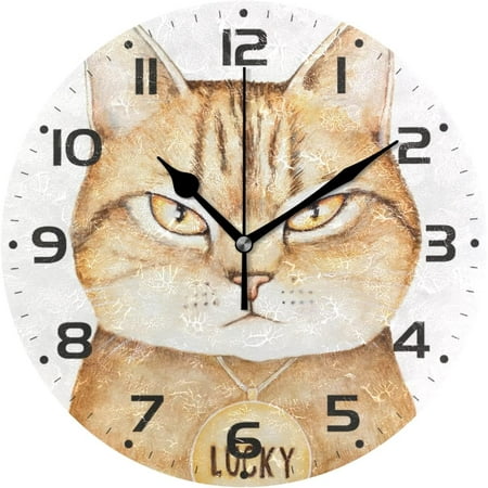 Bestwell Cute Lucky Tabby Kitten Cat Wall Clock 10 Inch Silent Non Ticking Round Clock Oil Painting Clock Easy to Read Clock for Living Room Bedroom Bathroom Home Wall Decor Gift