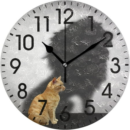 Bestwell Home Decor Cat with Lion Shadow 9.5 inch Round Acrylic Wall Clock Non Ticking Silent Clock Art for Living Room Kitchen Bedroom(Black Pointer)