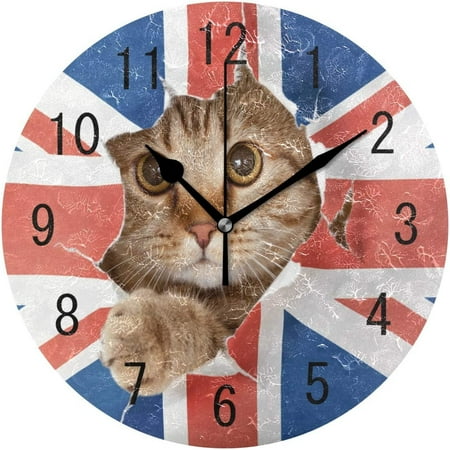 Bestwell Home Decor Cute Cat Kitten Union Jack Round Acrylic 9.5 Inch Wall Clock Non Ticking Silent Clock Art for Living Room Kitchen Bedroom