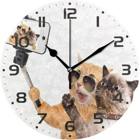 Bestwell Selfie Cat Wall Clock 10 Inch Silent Non Ticking Round Clock Oil Painting Clock Easy to Read Clock for Living Room Bedroom Bathroom Home Wall Decor Gift