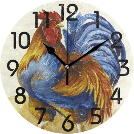 Bestwell Stylish Blue Yellow Rooster Cock Print Round Wall Clock Decorative, 9.5 Inch Battery Operated Quartz Analog Quiet Desk Clock for Home,Office,School