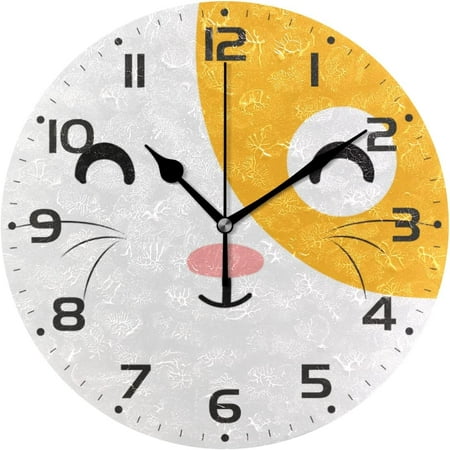 Bestwell Yellow White Cat Wall Clock 10 Inch Silent Non Ticking Round Clock Oil Painting Clock Easy to Read Clock for Living Room Bedroom Bathroom Home Wall Decor Gift