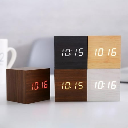 Besufy Digital Table Alarm Clock, Wood Sound Control LED Light Mini Modern Cube Desk Clock Displays Time Date Temperature Black