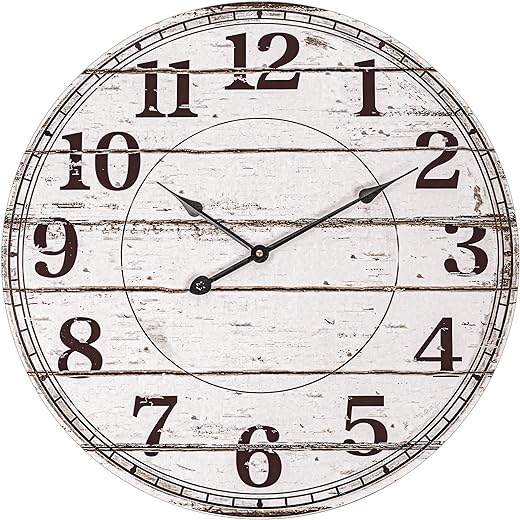 BEW 24 Inch Large Wall Clocks for Living Room Decor, Silent Battery Operated Wall Clock, White Rustic Country Farmhouse Shiplap Round Wooden Wall Clock