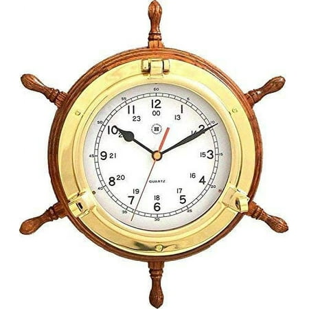 Bey-Berk International 13.5 in. Brass/Oak Ships Wheel, Clock - Tarnish Proof