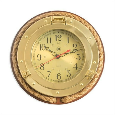 Bey-Berk International Brass Porthole Clock with Rope on Solid Wood - Tarnish Proof