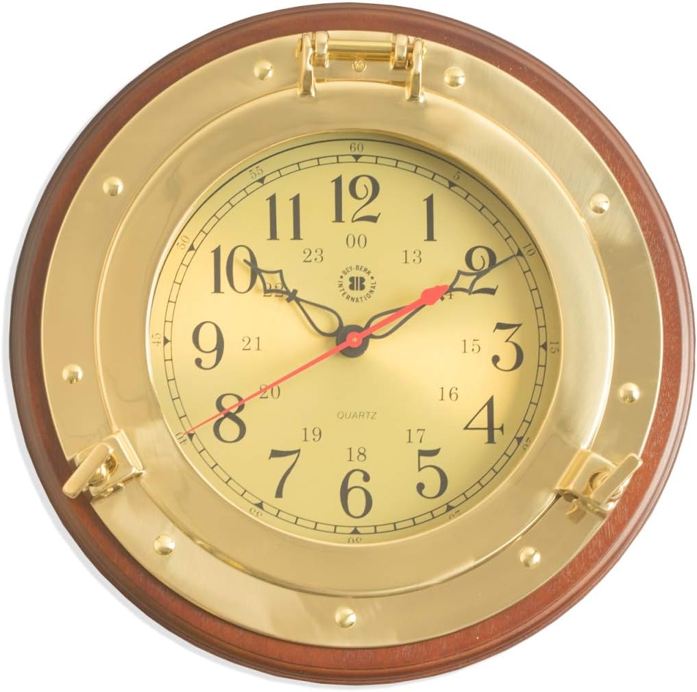 Bey-Berk SQ500 Brass Porthole Quartz Clock on Dark Cherry Wood, Brown