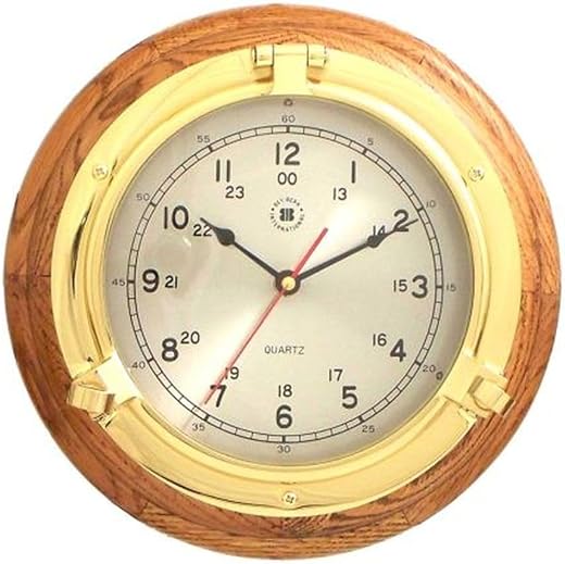 Bey-Berk SQ508 Lacquered Brass Porthole Quartz Clock on Oak Wood, Brown