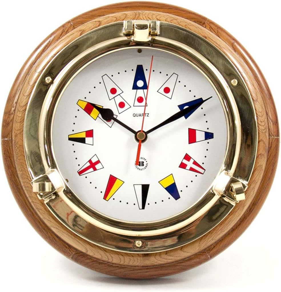 Bey-Berk SQ517 Lacquered Brass Porthole Quartz Clock with Nautical Flags Dial Face on Oak Wood, Brown