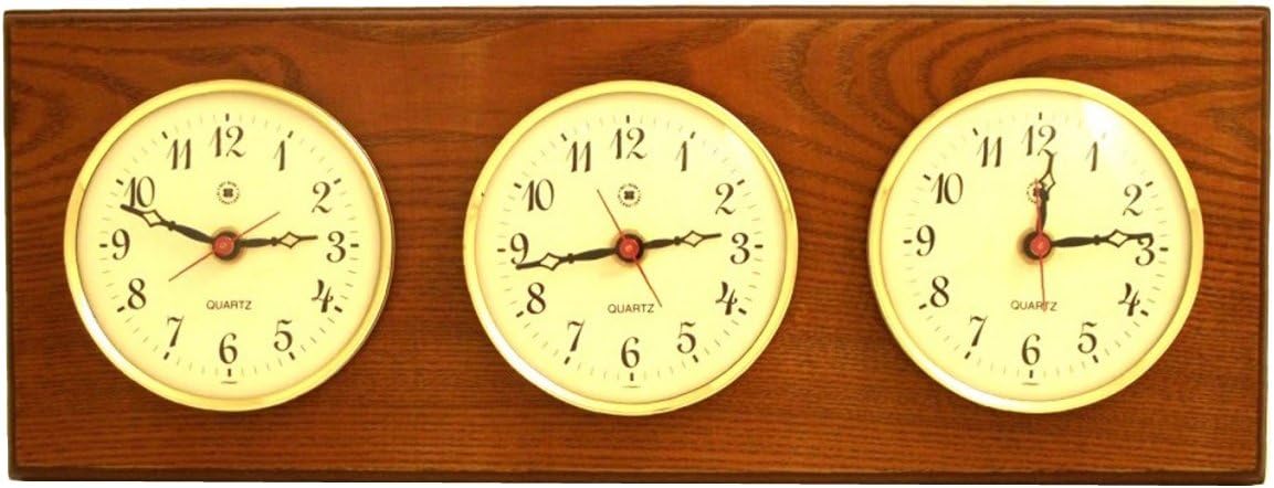 Bey-Berk WS115 Triple Quartz Clock on Oak Wood with Brass Bezel. Wall Mounts Vertically or Horizontally, Brown