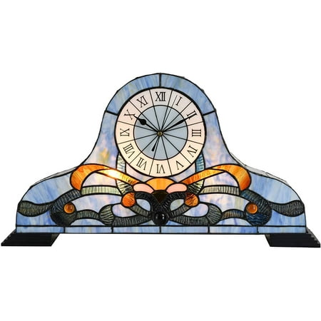 Bieye Tiffany Style Stained Glass Baroque Desk Clock Accent Table Lamp for Home Decoration