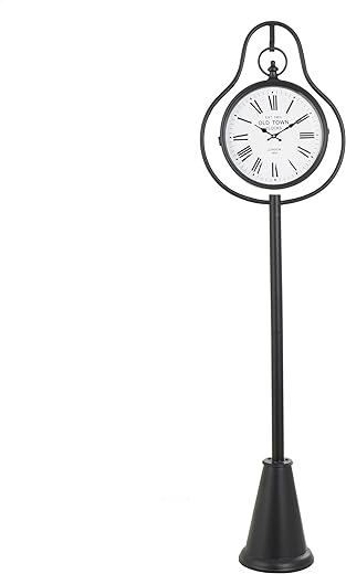 Black Metal Double Sided Tall Standing Floor Clock with Cone Shaped Base Iron