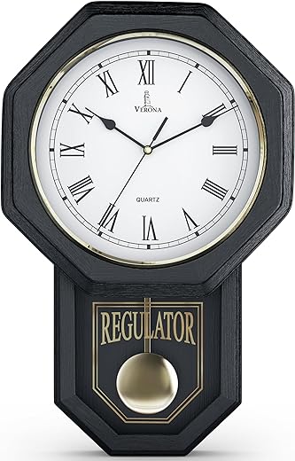 Black Pendulum Wall Clock Battery Operated - Regulator Clock - Wooden Schoolhouse Wall Clock with Pendulum - Wood Pendulum Clock - Decorative Wall Clocks for Living Room Decor, Home, Office 18x11