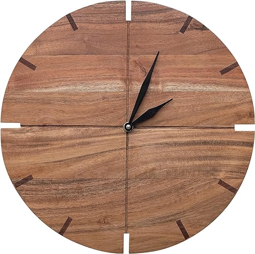 Bloomingville 11.75 Inches Round Acacia Wood Battery Operated Home, Natural, and Black Wall Clock