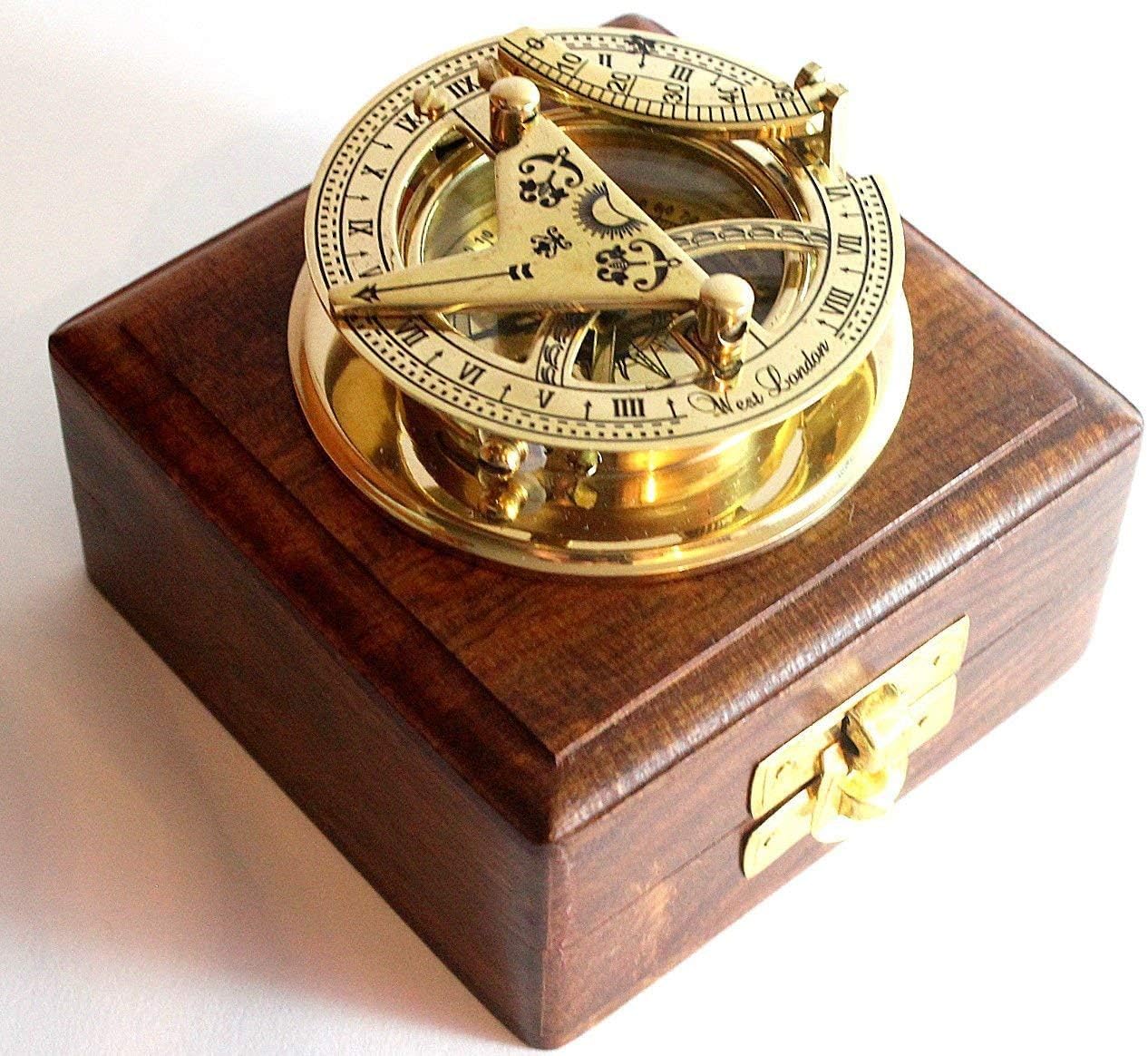 Brass Sundial Compass -Solid Brass Pocket Sundial - West London with Wooden Box Rustic Vintage Home Decor Gifts