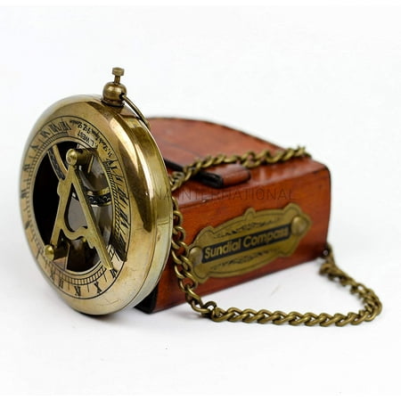 Brass Sundial Compass with Chain & Hand Stitched Leather Case | Antique Collectible Beautiful Gift | Sundial Clock Nagina International (Nickel Garnish)