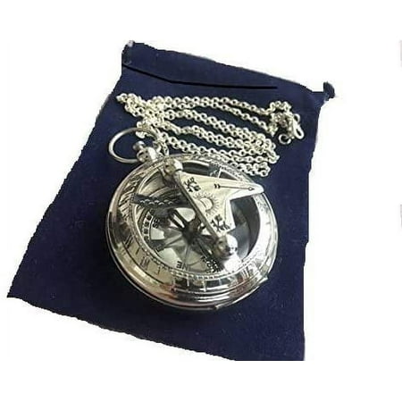 brass sundial Compass with chain & velour bag - necklace pendant vintage nautical gift