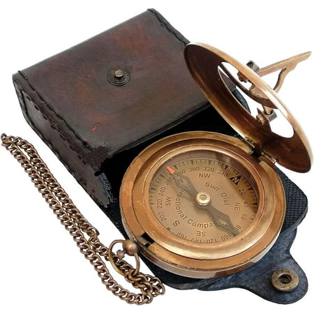 Brass Sundial Compass with Leather Case and Chain - Push Open Compass - Steampunk Accessory - Beautiful Handmade Gift - Nautical Sun Clock