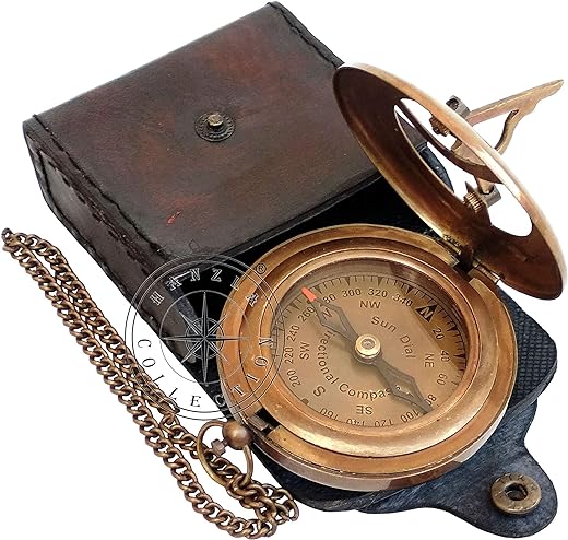 Brass Sundial Compass with Leather Case and Chain - Push Open Compass - Steampunk Accessory - Beautiful Handmade Gift - Nautical Sun Clock