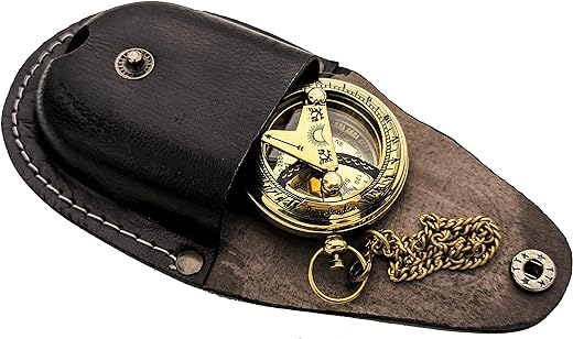 Brass Sundial Compass with Leather Case and Chain - Push Open Compass - Steampunk Accessory - Pocket Sundial Compass - Beautiful Handmade Gift -Sundial Clock, Gold, 2 Inch