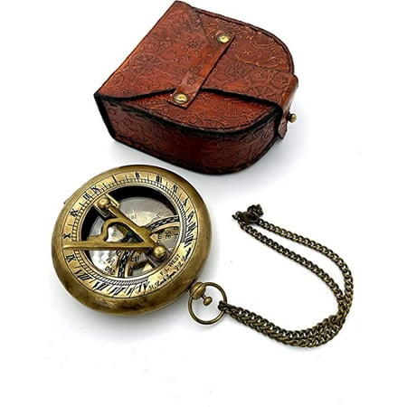 Brass Sundial Compass with Leather Case and Chain Push Open Compass Steampunk Sundial Clock Accessory Antiquated Finish Beautiful Handmade Gift