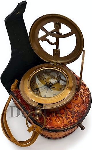 Brass Sundial Compass with Leather Case and Leather Strip - Push Button Open Mechanism Vintage Compass- - Steampunk Accessory - Antiquated Finish - (Blank)