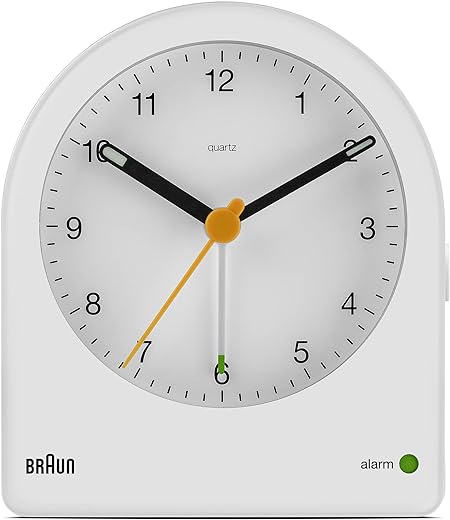 Braun Classic Analogue Alarm Clock with Snooze and Continuous Backlight, Quiet Quartz Movement, Crescendo Beep Alarm in White, Model BC22W.