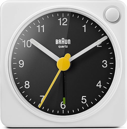 Braun Classic Travel Analogue Alarm Clock with Snooze and Light, Compact Size, Quiet Quartz Movement, Crescendo Beep Alarm in White and Black, Model BC02XWB.