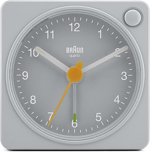 Braun Classic Travel Analogue Alarm Clock with Snooze and Light, Compact Size, Quiet Quartz Movement, Crescendo Beep Alarm in Grey, Model BC02XG