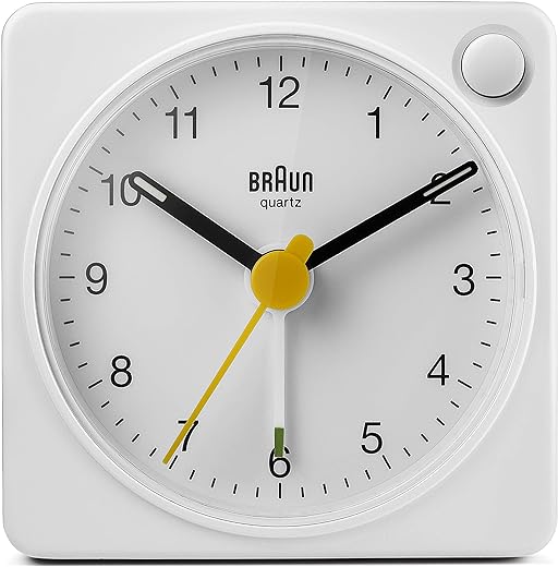 Braun Classic Travel Analogue Clock with Snooze and Light, Compact Size, Quiet Quartz Movement, Crescendo Beep Alarm in White, Model BC02XW, One