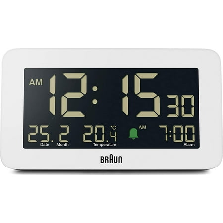 Braun Digital Alarm Clock with Date, Month and Temperature Displayed, Negative LCD Display, Quick Set, Crescendo Beep Alarm in White, model BC10W.