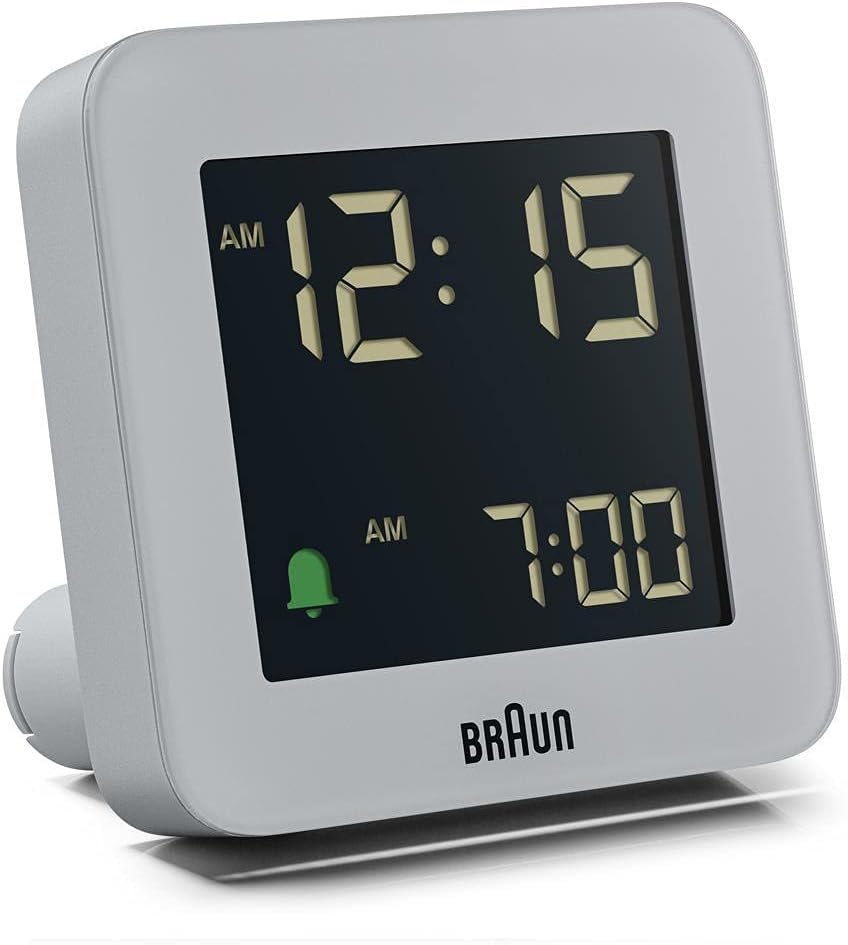 Braun Digital Alarm Clock with Snooze, Negative LCD Display, Quick Set, Crescendo Beep Alarm in Grey, Model BC09G.