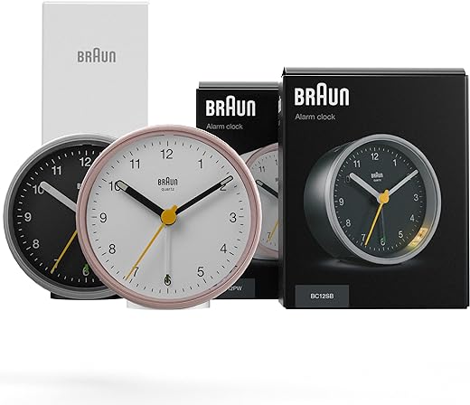 Braun His/Hers Analogue Alarm Clock New Home House Warming Gift Bundle for Men & Women with Snooze and Light, Quiet Quartz Movement, Crescendo Beep Alarm in Black, Model BC12SB, BC12PW (2 Pack)