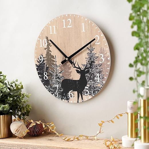 Cabin Deer Wall Clock 12 Inch Silent Non Ticking Clock Wooden Forest Wildlife Mountain Lodge Wall Clock Battery Operated Rustic Farmhouse Wall Clock