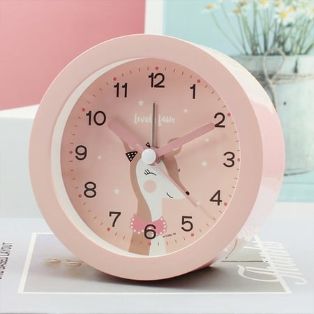 Children Cute Cartoon Animal Round Alarm Clock Portable Bedside Ultra-quiet Sweeping Soft Warm-light Night Lamp Small Table Clock