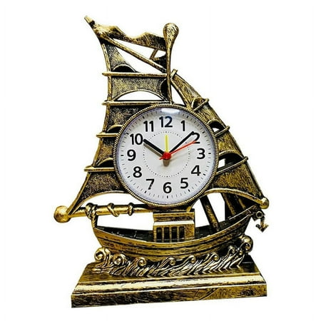 Clock Alarm Sailboat Table Vintage Retro Model Ornament Nautical Desk Clocks Boat Figure Silent Bedside,Bronze Color