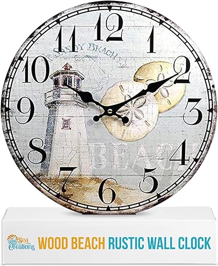 Coastal Lighthouse Wall Clock 13 - Wood Beach Theme Decorative Clocks - Rustic Battery Operated - Nautical Bedroom Ocean Decoration - Ticking Tropical Décor