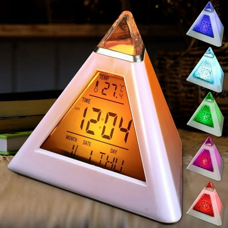 Creative Pyramid Digital Alarm Clock 7 LED Color Change Night Light with Temperature Display for Bedroom Home Kids Gift Alarm and Sleeping Function