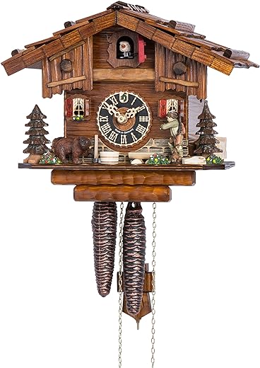 Cuckoo Clock Black Forest House with Forest Scene and Moving Hunter HO 151