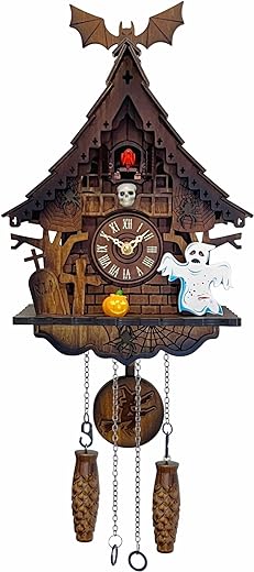 Cuckoo Clock for Wall Art: Halloween Theme, Volume Control, Night Mode, Germany Style Black Forest Retro Traditional Handmade Wooden House Home Decor, Gifts for Family (8.75 X 24.25inch)