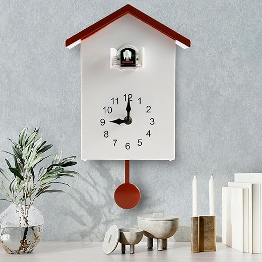 Cuckoo Clock, Plastic Cuckoo Wall Clock with Pendulum Bird,Tweeting Sound Hanging Bird Clock, Battery Operated Cuckoo Clock White Minimalist Cuckoo Clock Wall Clock for Home Living Room