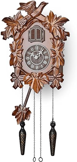 Cuckoo Clock with Night Mode, Hand Carved Decorations and Swinging Pendulum (Brown)