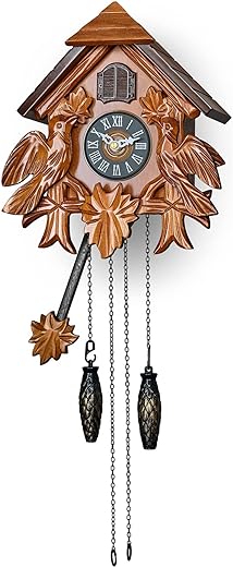 Cuckoo Clock with Night Mode, Quartz Movement and Wooden Decorations (Brown)