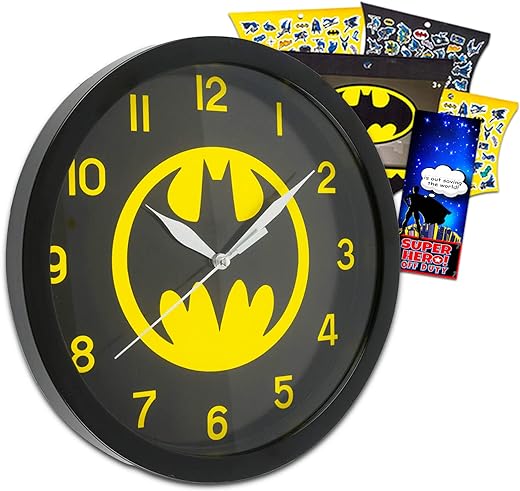 DC Comics Batman Wall Clock - Batman Room Decor Bundle with 9.75 inches Wall Clock Plus Batman Stickers and More for Kids and Adults (Batman Gifts)