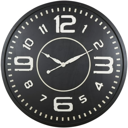 DecMode 59 Black Wood Large Distressed Wall Clock with White Accents