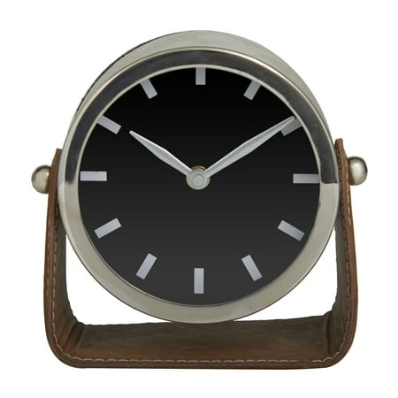 DecMode Stainless Steel Modern Round Decorative Desk Clock 6W x 6H, with Metallic Silver and Leathery Brown Stand