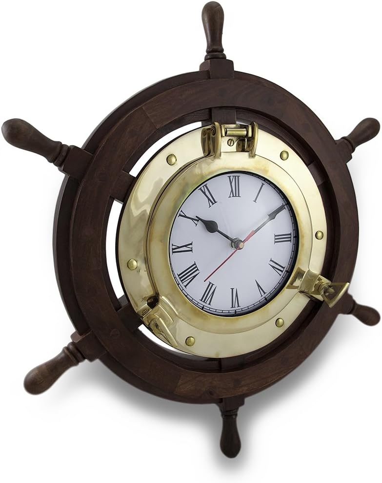 Deco 79 19002 Wood & Brass Ship Wheel Clock